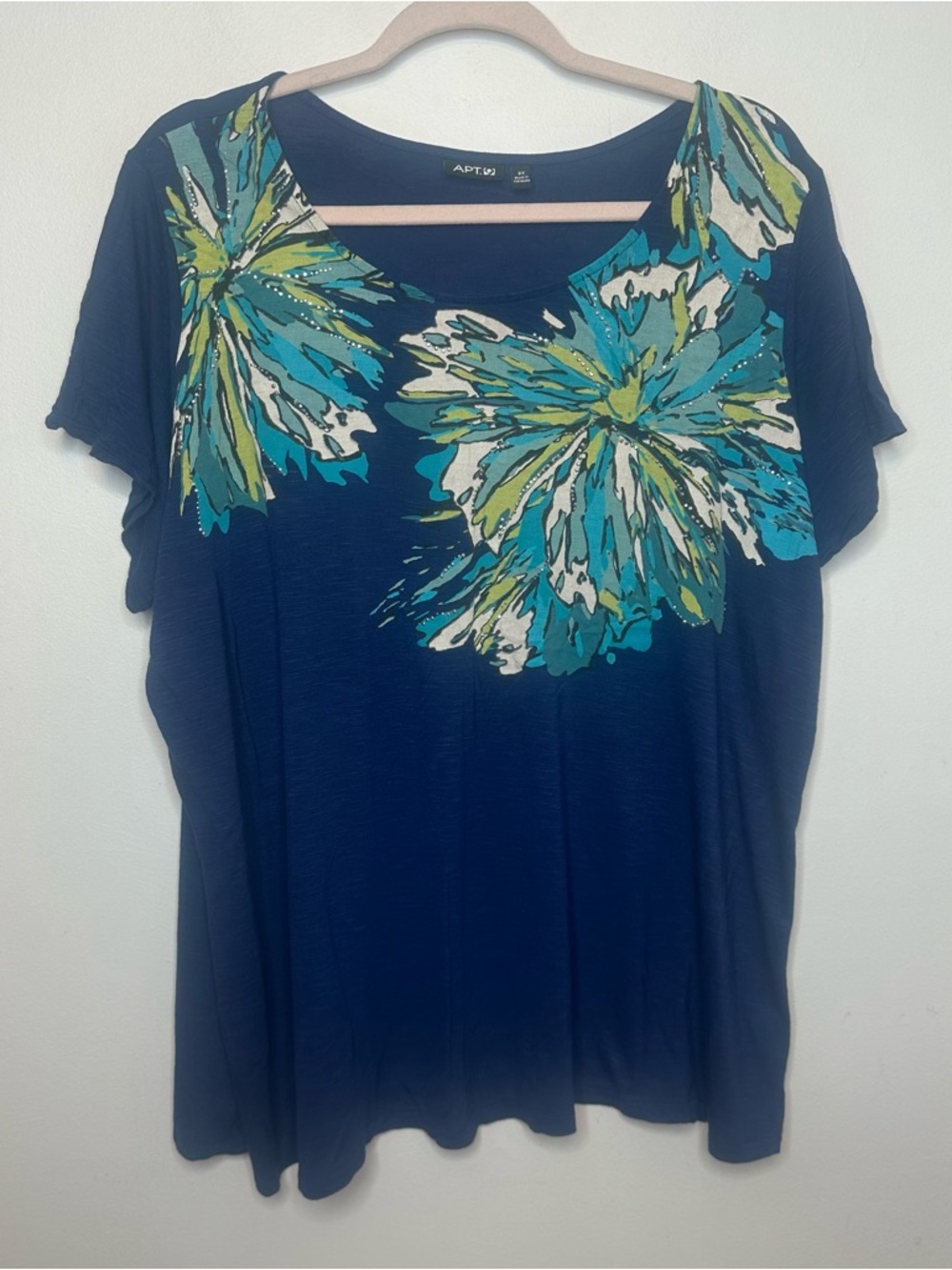APT 9 Women’s Plus Size Vintage Blue Green Turquoise Floral Tee Size 2X